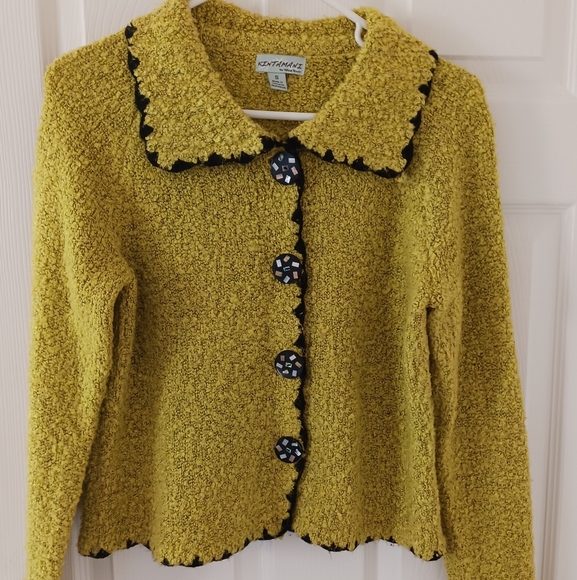 Kintimani By Wind River Chartruese Jacket With Abalone Buttons+Crochet Trim. S. - Picture 1 of 7